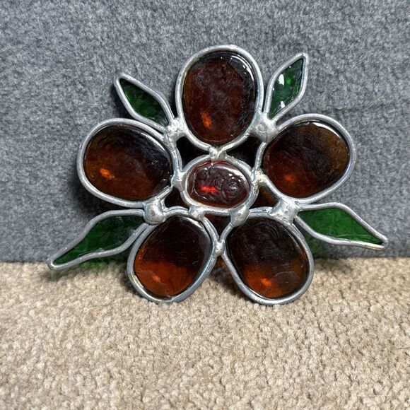 Vintage MCM Glass Floral Flower Stained Glass Suncatcher - Picture 2 of 5